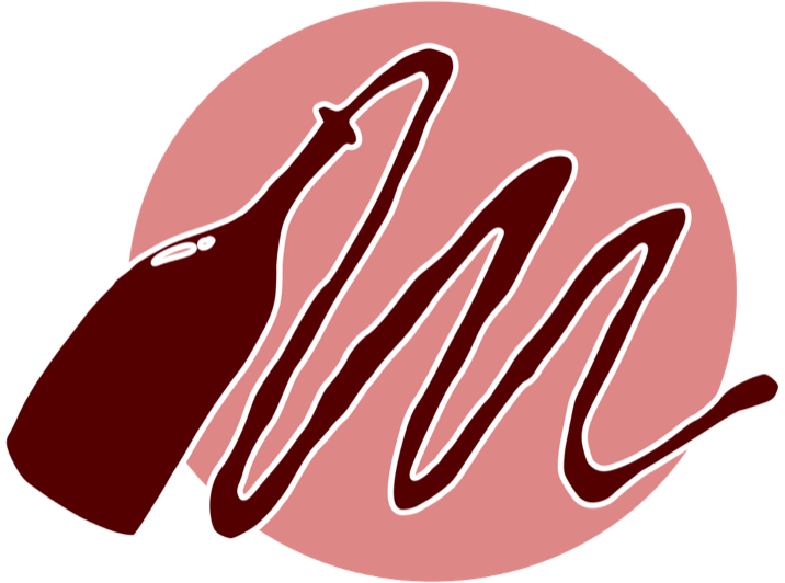 El Monty Wine logo: a tipped wine bottle pouring a script letter M across a dusty-rose circle.